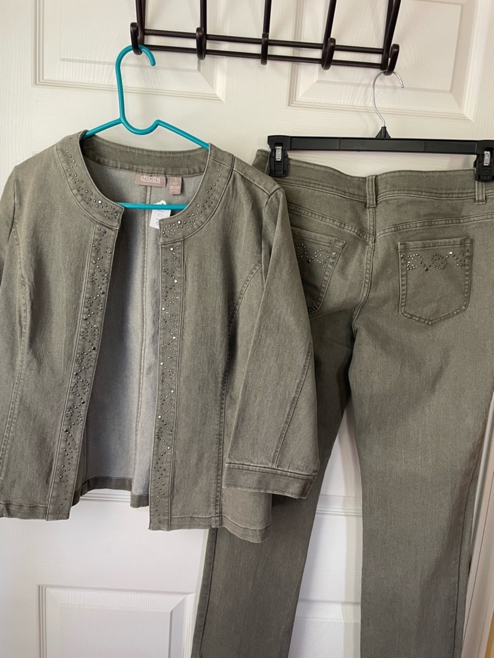 Chico’s Studded Olive Denim Set - Jacket Size 1 & Pants Size 0.5 Set